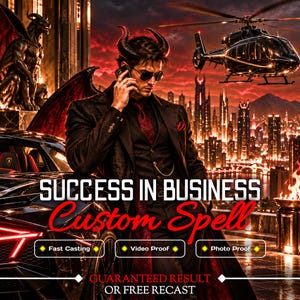 Puede incluir: Un gráfico digital que muestra a una persona con cuernos oscuros vistiendo un traje negro y corbata, junto a un coche deportivo negro. El texto dice: SUCCESS IN BUSINESS Custom Spell, Fast Casting, Video Proof, Photo Proof, GUARANTEED RESULT OR FREE RECAST.