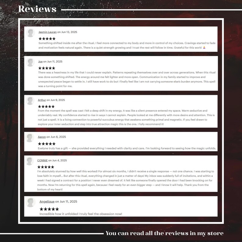 May include: A digital graphic displaying six customer reviews under the heading Reviews. Each review features a five-star rating, a user name, a date, and a written testimonial. The text is presented in white boxes against a dark red and black background.
