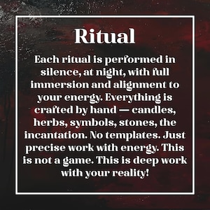Puede incluir: Texto "Ritual" sobre fondo oscuro. El texto describe rituales realizados en silencio, de noche, con inmersi&oacute;n total y alineaci&oacute;n con la energ&iacute;a, utilizando velas, hierbas, s&iacute;mbolos, piedras e invocaciones hechas a mano.