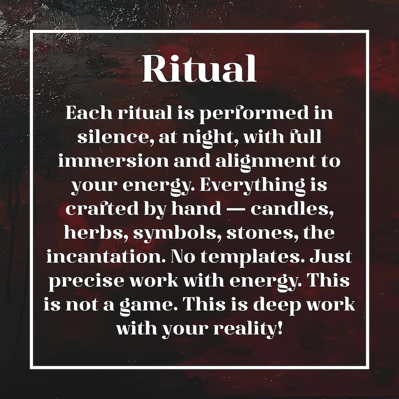 Puede incluir: Texto "Ritual" sobre fondo oscuro. El texto describe rituales realizados en silencio, de noche, con inmersi&oacute;n total y alineaci&oacute;n con la energ&iacute;a, utilizando velas, hierbas, s&iacute;mbolos, piedras e invocaciones hechas a mano.