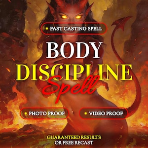 Op de afbeelding: Een digitale illustratie van een roodharige demon met gloeiende gele ogen en een staart, tegen een vurige achtergrond. Tekstoverlays bevatten FAST CASTING SPELL, BODY DISCIPLINE Spell, PHOTO PROOF, VIDEO PROOF en GUARANTEED RESULTS OR FREE RECAST.
