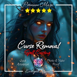 May include: A digital illustration of a person with long dark hair and glowing orange eyes, surrounded by floating embers. Text reads: Premium Magic, Curse Removal Spell Casting, Quick Activation, Photo & Video Proof, and Evelyne Rituals.