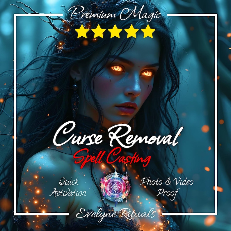 May include: A digital illustration of a person with long dark hair and glowing orange eyes, surrounded by floating embers. Text reads: Premium Magic, Curse Removal Spell Casting, Quick Activation, Photo & Video Proof, and Evelyne Rituals.