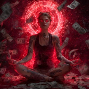 May include: A person in a meditative pose, surrounded by falling dollar bills and a glowing red circular design. The person is wearing a maroon tank top and has tattoos on their arms and legs. The background is a deep red.
