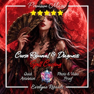 Puede incluir: Una ilustración digital de una figura con cuernos que sostiene un abanico negro y dorado frente a una gran luna roja. El texto incluye Premium Magic, Curse Removal & Diagnosis, Spell Casting, Quick Activation, Photo & Video Proof y Evelyne Rituals.