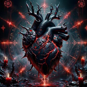 Puede incluir: Obra de arte digital que representa un corazón oscuro y estilizado con espinas y venas rojas. El corazón se encuentra sobre un fondo de un círculo místico, con velas rojas y líneas brillantes.
