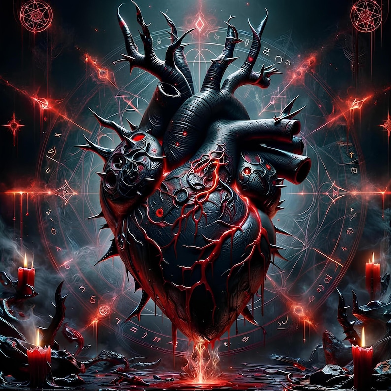 May include: A dark, anatomical heart sculpture featuring sharp, thorn-like protrusions and glowing red veins. The heart is centered against a circular, glowing red geometric sigil with intricate lines and symbols, surrounded by red candles.