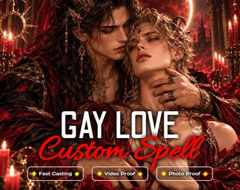 May include: A digital illustration of two figures with horns, dressed in dark red and black velvet robes, surrounded by red candles and roses under a red moon. Text reads: GAY LOVE Custom Spell, Fast Casting, Video Proof, Photo Proof, GUARANTEED RESULT OR FREE RECAST.
