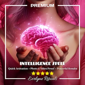 May include: A pink image with the word "PREMIUM" at the top. The image features a glowing pink brain held in cupped hands, with the words "INTELLIGENCE SPELL" below. Additional text includes "Quick Activation • Photo & Video Proof • Powerful Results" and "Evelyne Rituals".