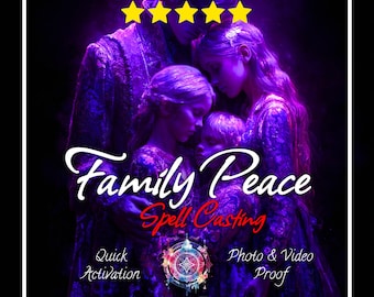 Puede incluir: Un gráfico digital que muestra un grupo de cuatro figuras bajo una iluminación púrpura con el texto Premium Magic, Family Peace Spell Casting, Quick Activation, Photo & Video Proof y Evelyne Rituals, coronado por cinco estrellas amarillas.