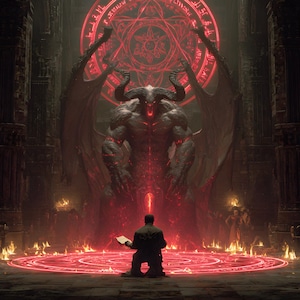 Pode incluir: Ilustração digital de uma cena gótica sombria com uma grande figura demoníaca com chifres e asas. Uma pessoa ajoelhada diante do demônio, segurando um livro, dentro de um círculo vermelho brilhante. O fundo apresenta um grande sigilo brilhante e chamas.
