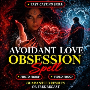 May include: A digital graphic featuring a person with dark hair and red eyes, a glowing red heart wrapped in chains, and a silhouette of a person against a blue background. Text reads: FAST CASTING SPELL, AVOIDANT LOVE OBSESSION Spell, PHOTO PROOF, VIDEO PROOF, GUARANTEED RESULTS OR FREE RECAST.