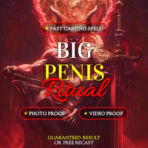 Puede incluir: Un gráfico digital que muestra una figura con cuernos en un trono sosteniendo una espada. El texto dice: FAST CASTING SPELL, BIG PENIS RITUAL, PHOTO PROOF, VIDEO PROOF, GUARANTEED RESULT OR FREE RECAST. La paleta de colores es rojo oscuro y negro.