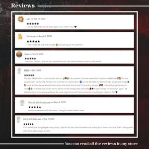 May include: A digital display of customer reviews featuring six individual entries with five-star ratings, user names, dates, and written feedback. The text includes comments about services, results, and communication, set against a dark red background.