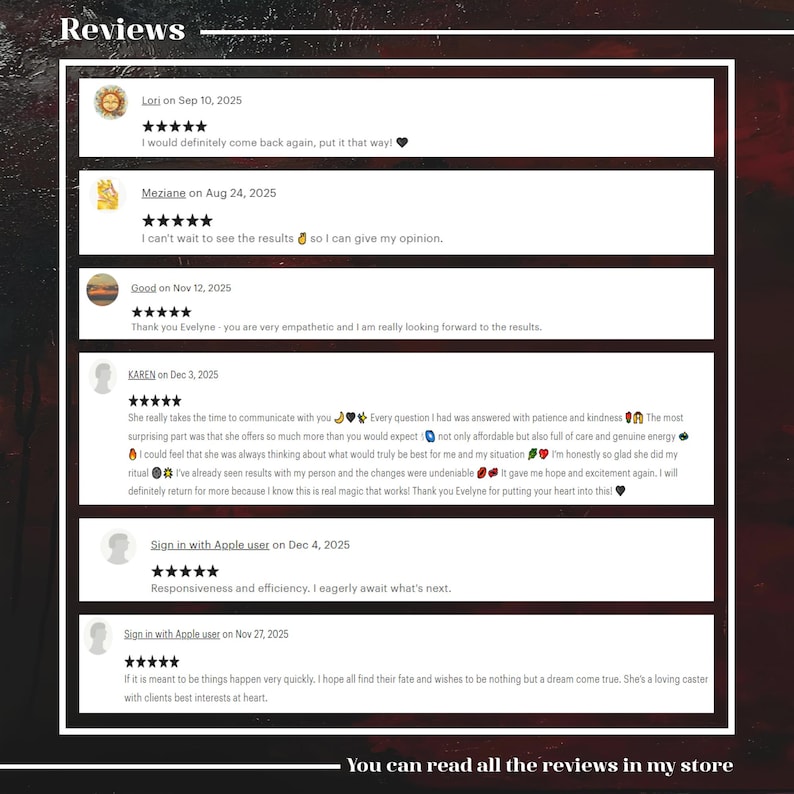 May include: A digital display of customer reviews featuring six individual entries with five-star ratings, user names, dates, and written feedback. The text includes comments about services, results, and communication, set against a dark red background.