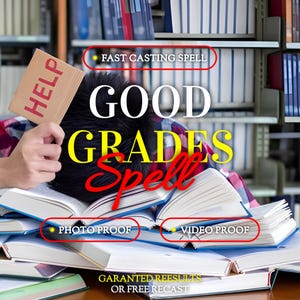 May include: Image of a person with their head on a stack of books, with the words "GOOD GRADES Spell" in large, colorful text. The image also includes the phrases "FAST CASTING SPELL", "PHOTO PROOF", and "VIDEO PROOF". A sign that says "HELP" is also visible.