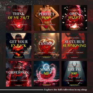 May include: A grid of nine digital graphics advertising various spells, each featuring text like Think of Me 24/7, Perfect Body, Open Heart, Get Your Ex Back, Custom, Succubus Summoning, Obsession, Marry Me, and Dream Job, with red and yellow accents.
