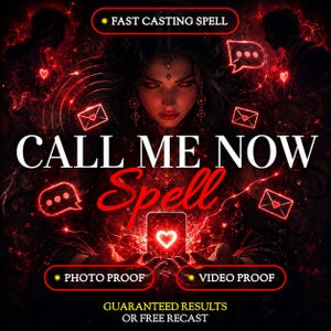 Könnte beinhalten: Eine digitale Grafik mit einer zentralen Figur mit dunklem Haar und roten Augen, umgeben von leuchtenden roten Neon-Symbolen von Umschlägen und Sprechblasen. Der Text lautet FAST CASTING SPELL, CALL ME NOW Spell, PHOTO PROOF, VIDEO PROOF und GUARANTEED RESULTS OR FREE RECAST.