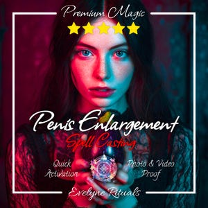 Può includere: Un grafico digitale che mostra una persona che tiene un oggetto scuro a forma di uovo con un emblema circolare luminoso e intricato. Il testo recita: Premium Magic, Penis Enlargement Spell Casting, Quick Activation, Photo & Video Proof, Evelyne Rituals.