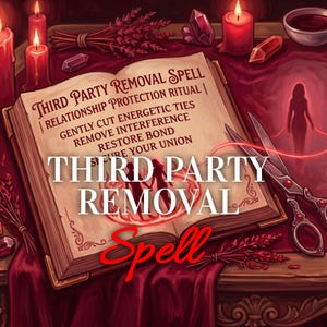 May include: An open book with the words "Third Party Removal Spell" and other related text. The book is surrounded by candles, crystals, and scissors. The overall theme is related to spells and rituals.