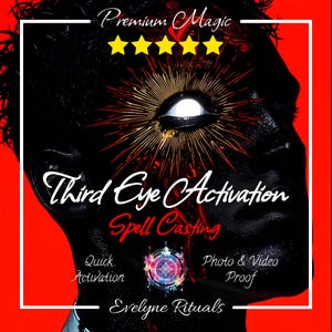 May include: A graphic design featuring a black silhouette of a face against a bright red background. A glowing white eye is centered on the forehead. Text includes Premium Magic, Third Eye Activation, Spell Casting, Quick Activation, Photo & Video Proof, and Evelyne Rituals, with five yellow stars.