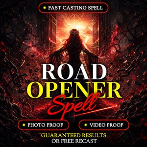 May include: A digital graphic featuring a figure with long red hair standing before a glowing gate. Text reads: FAST CASTING SPELL, ROAD OPENER Spell, PHOTO PROOF, VIDEO PROOF, GUARANTEED RESULTS OR FREE RECAST. The scene is framed by dark, thorny vines.