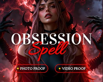 May include: Digital art featuring a woman with pink hair and a dark crown, set against a fiery red background. The text "OBSESSION Spell" is prominently displayed. Additional text includes "PHOTO PROOF", "VIDEO PROOF", and "GARANTED REESULTS OR FREE RECAST".
