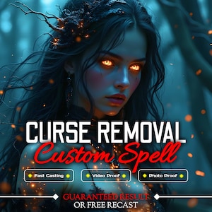 Pode incluir: Um gráfico digital apresentando uma pessoa com cabelos longos e escuros, olhos laranja brilhantes e um adorno de cabeça escuro. O texto diz: CURSE REMOVAL Custom Spell, Fast Casting, Video Proof, Photo Proof, GUARANTEED RESULT OR FREE RECAST.