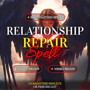Puede incluir: Una ilustración digital que muestra una figura con grandes alas oscuras sosteniendo un corazón rojo. Las superposiciones de texto incluyen FAST CASTING SPELL, RELATIONSHIP REPAIR SPELL, PHOTO PROOF, VIDEO PROOF y GUARANTEED RESULTS OR FREE RECAST.