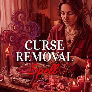 May include: An illustration depicts a woman performing a ritual with candles, crystals, and a bowl of liquid. The text "CURSE REMOVAL Spell" is overlaid on the image. The scene is bathed in warm red and orange tones, suggesting a mystical theme.