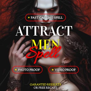 Könnte beinhalten: Ein Bild mit dem Text "ATTRACT MEN Spell" in großen Buchstaben, mit den Worten "FAST CASTING SPELL", "PHOTO PROOF" und "VIDEO PROOF" in kleinerer Schrift. Das Bild zeigt zwei Figuren, eine davon mit roten Augen.