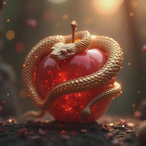 May include: A red apple with a golden snake coiled around it. The snake's head is at the top of the apple, and its body wraps around the fruit. The apple has a glowing effect, and the background is blurred.