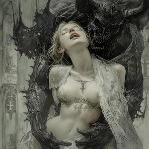 Peut inclure: Illustration numérique d'une femme en haut et châle en dentelle transparente, étreinte par une figure sombre et cornue. L'œuvre est en niveaux de gris, avec des détails complexes et une esthétique gothique. La femme a les cheveux blonds.