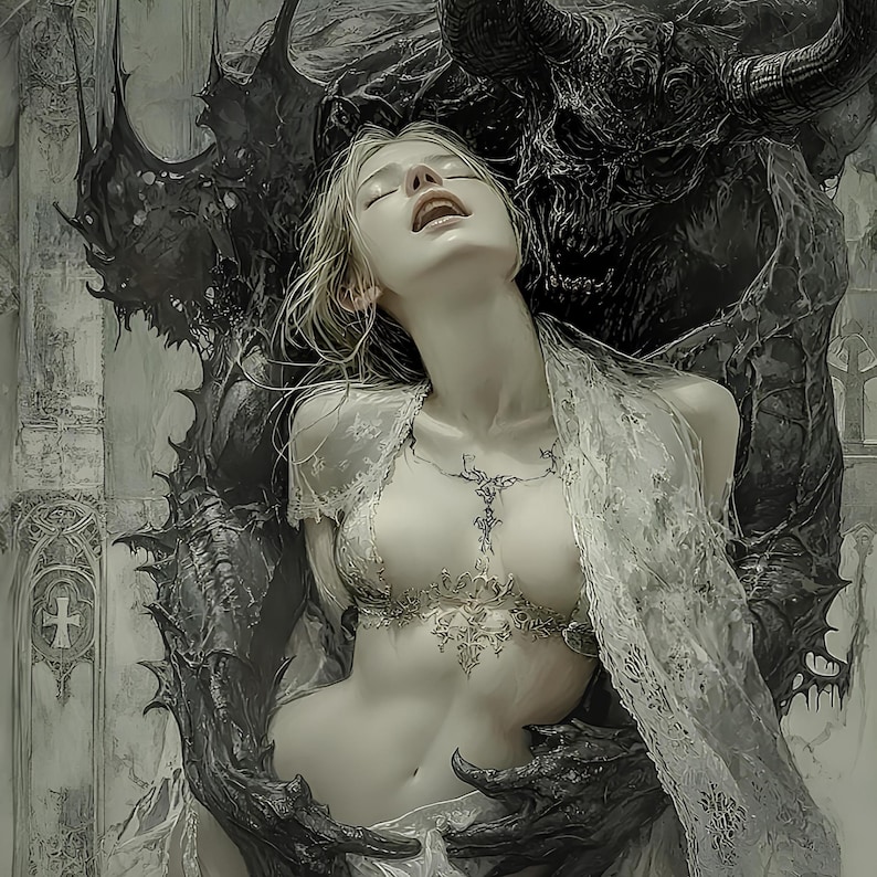 Puede incluir: Ilustraci&oacute;n digital de una mujer con un top y chal de encaje transparente, abrazada por una figura oscura y con cuernos. La obra de arte est&aacute; renderizada en escala de grises, con detalles intrincados y una est&eacute;tica g&oacute;tica. La mujer tiene cabello rubio.