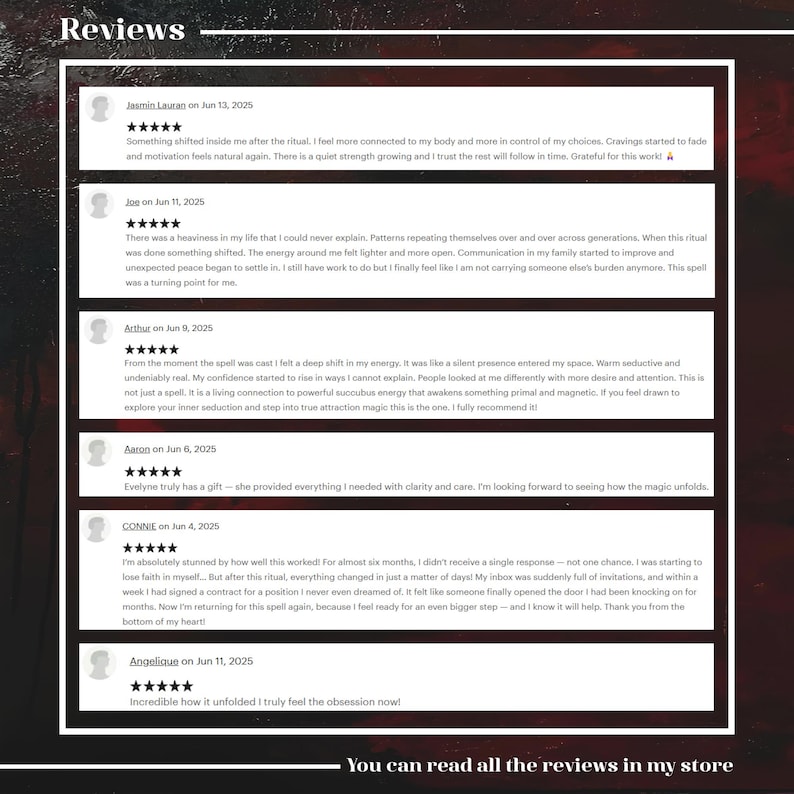 May include: A webpage displaying customer reviews with a dark red background. The reviews are in white text and include star ratings and dates. The text at the bottom says, "You can read all the reviews in my store."
