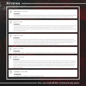 May include: A digital graphic displaying six customer reviews under the heading Reviews. Each review features a five-star rating, a user name, a date, and a written testimonial. The text is presented in white boxes against a dark red and black background.