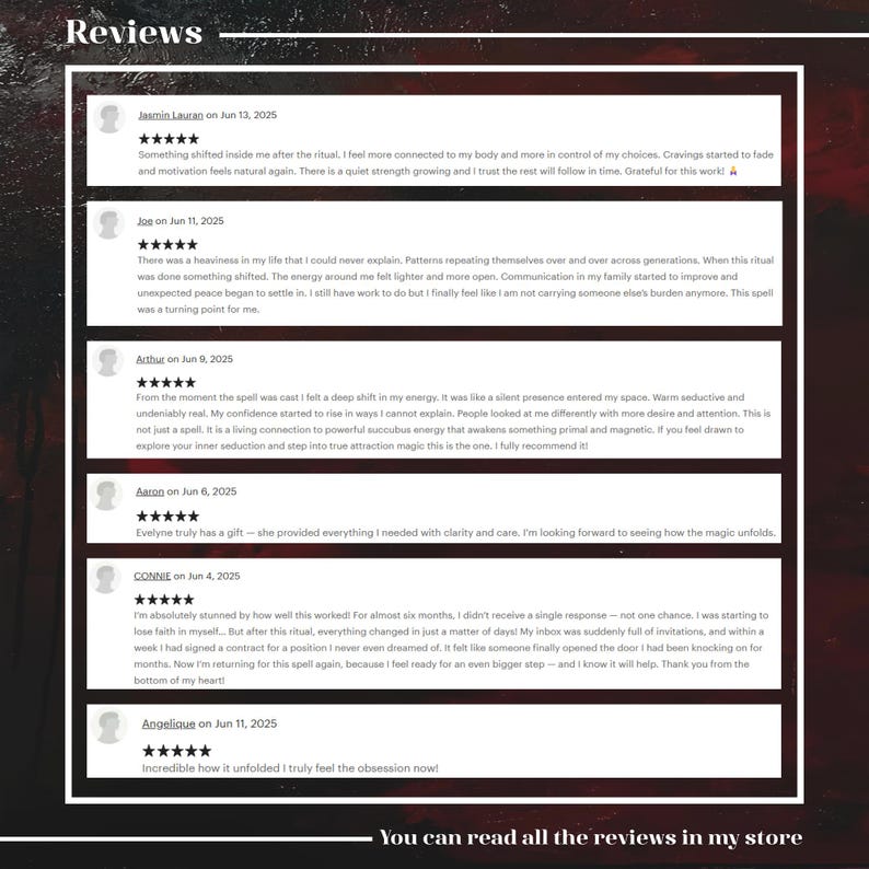 May include: A digital graphic displaying six customer reviews under the heading Reviews. Each review features a five-star rating, a user name, a date, and a written testimonial. The text is presented in white boxes against a dark red and black background.
