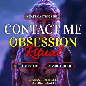 Könnte beinhalten: Eine digitale Illustration einer Person mit langem, geflochtenem, hellviolettem Haar und leuchtend violetten Augen. Die Texteinblendungen umfassen FAST CASTING SPELL, CONTACT ME, OBSESSION RITUAL, PHOTO PROOF, VIDEO PROOF und GUARANTEED RESULT OR FREE RECAST.