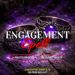 May include: Two ornate silver rings with purple gemstones, the word "ENGAGEMENT" is displayed above the word "Spell" in red. The image also includes the text "PHOTO PROOF" and "VIDEO PROOF".