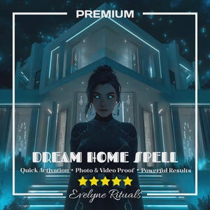 May include: A digital art image with a woman in the foreground and a modern house in the background. The text "DREAM HOME SPELL" is displayed, along with "Quick Activation," "Photo & Video Proof," and "Powerful Results." The word "PREMIUM" is at the top, and "Evelyne Rituals" is at the bottom.