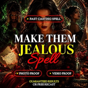 Könnte beinhalten: Eine digitale Grafik mit einer zentralen Figur mit dunklem Haar, grünen Augen und rotem Lippenstift, umgeben von Text: FAST CASTING SPELL, MAKE THEM JEALOUS Spell, PHOTO PROOF, VIDEO PROOF und GUARANTEED RESULTS OR FREE RECAST.