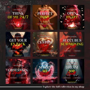 May include: A grid of nine digital graphics advertising various spells, each featuring text like Think of Me 24/7, Perfect Body, Open Heart, Get Your Ex Back, Custom, Succubus Summoning, Obsession, Marry Me, and Dream Job, with red and yellow accents.
