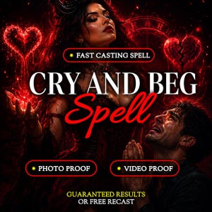 Puede incluir: Una imagen digital en tonos rojos oscuros con una mujer y un hombre. El texto dice: FAST CASTING SPELL, CRY AND BEG Spell, PHOTO PROOF, VIDEO PROOF, GUARANTEED RESULTS OR FREE RECAST. Se observan un corazón rojo brillante y un corazón roto.