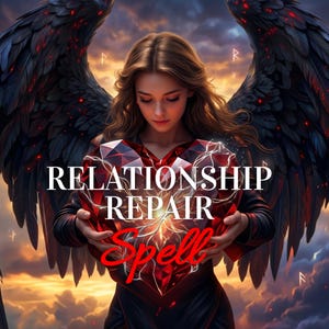 Puede incluir: Ilustración digital de una mujer sosteniendo un corazón rojo facetado con las palabras "RELATIONSHIP REPAIR Spell". La mujer tiene cabello castaño largo y está rodeada de grandes alas negras con detalles rojos, sobre un cielo al atardecer.