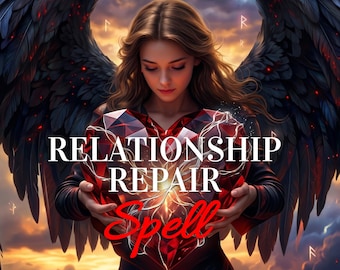 Puede incluir: Ilustración digital de una mujer sosteniendo un corazón rojo facetado con las palabras "RELATIONSHIP REPAIR Spell". La mujer tiene cabello castaño largo y está rodeada de grandes alas negras con detalles rojos, sobre un cielo al atardecer.