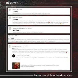 May include: A digital display of five customer reviews for a personalized ritual service. Each entry includes a username, a five-star rating, and written feedback. The final review includes a seller response and a small thumbnail of a red apple.
