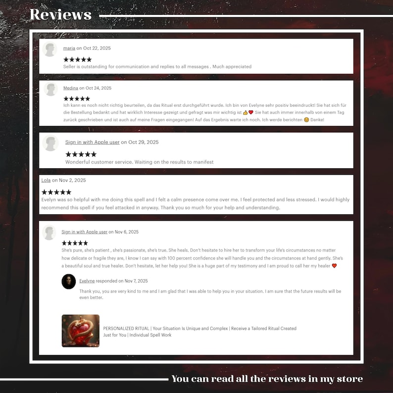 May include: A digital display of five customer reviews for a personalized ritual service. Each entry includes a username, a five-star rating, and written feedback. The final review includes a seller response and a small thumbnail of a red apple.