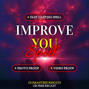 May include: A digital graphic featuring the text FAST CASTING SPELL, IMPROVE YOU Spell, PHOTO PROOF, VIDEO PROOF, and GUARANTEED RESULTS OR FREE RECAST. The background is a dark purple and red gradient with glowing light effects and smoke.