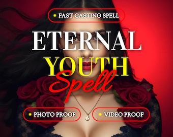 May include: A digital graphic featuring a person with dark hair and red lipstick against a red background. Text reads: FAST CASTING SPELL, ETERNAL YOUTH Spell, PHOTO PROOF, VIDEO PROOF, and GARANTED REESULTS OR FREE RECAST. Red roses adorn the shoulders.