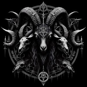 May include: A black and white graphic illustration featuring a central goat head with large curved horns, flanked by two animal skulls. The design includes a circular frame with pentagram symbols, intricate linework, and occult-inspired motifs.
